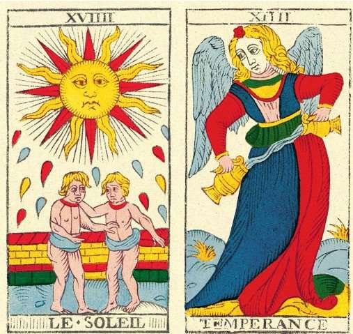 association des cartes du tarot de marseille soleil tempérance